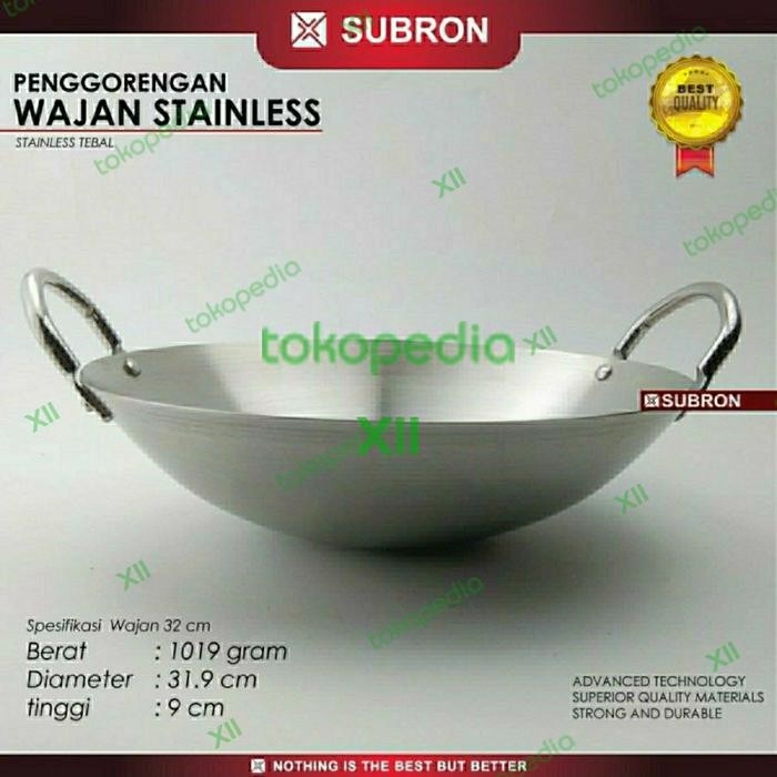 Terbaik Subron Stainless Wok Pan 32 Cm Wajan Kuali Tebal 100% Ori