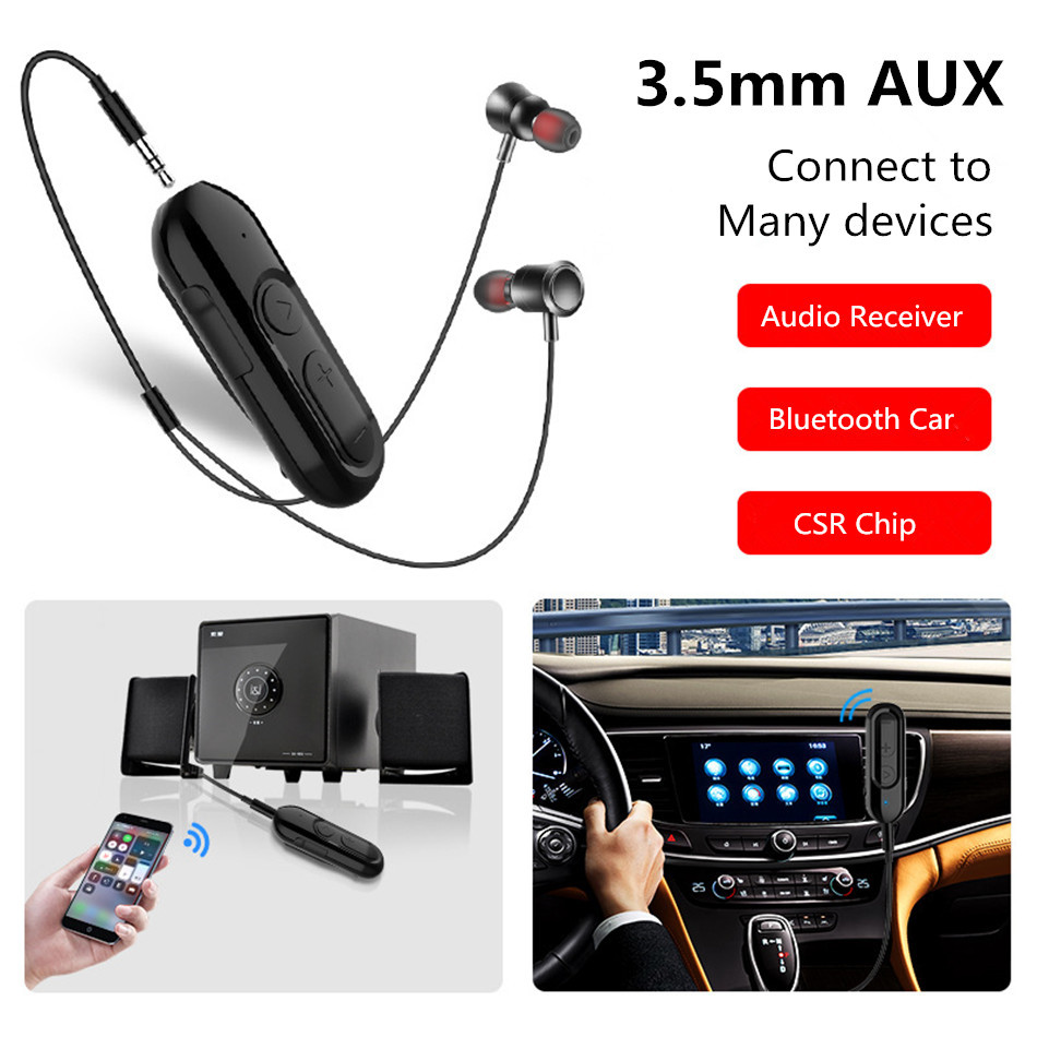 28H Playtime Bluetooth 5.0 Audio Receiver with Earphone Mic 3.5mm AUX Jack Wireless Adapter Handsfre