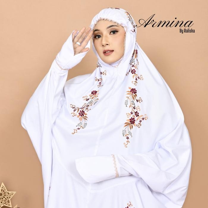 RALISHA-Mukena Terusan Dewasa Armina Variasi bordir manual Mukenah Kain Katun Putih jumbo Muslim