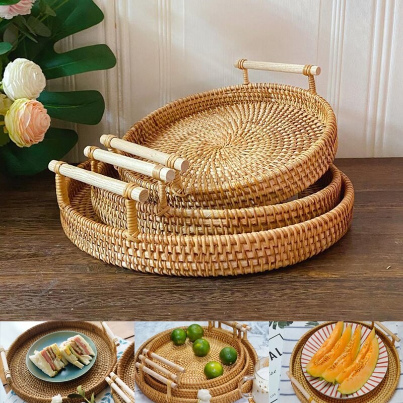 Rattan Bread Storage Basket Woven Storage Basket Fruit Cake Snacks Round Tray Picnic Basket Hand Wov