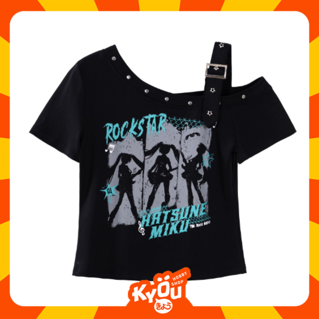 Hatsune Miku The Rock Music Series American Retro Off-Shoulder Women T-Shirt Black