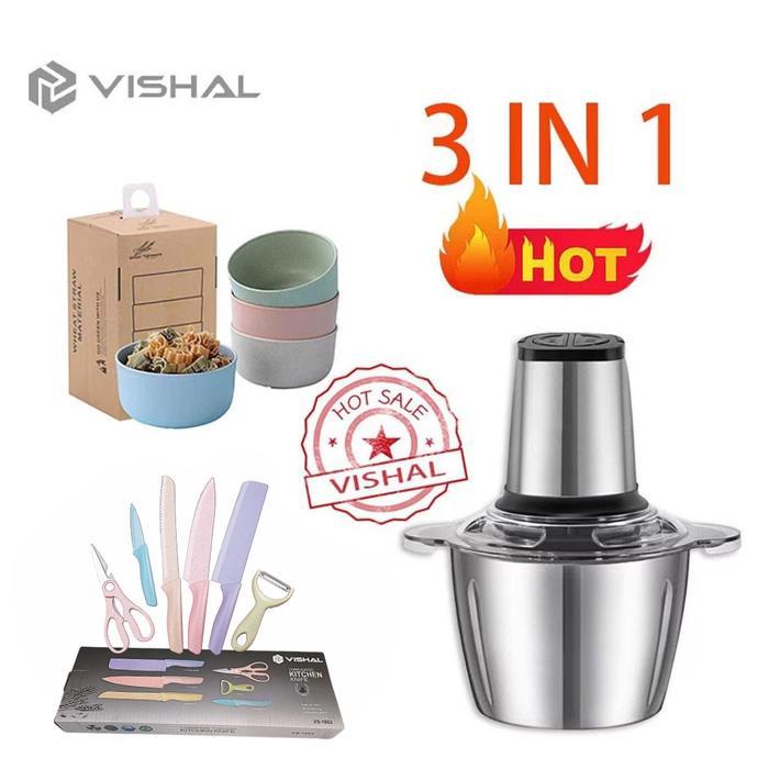 Mitochiba Kitchen - Combo 3 Stainless Blender Daging Penggiling +1Set Pisau + 4Pcs Mangkuk Set