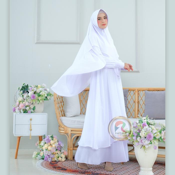 Gamis Putih Syari Set Khimar Warna Putih / Hitam / Bw / Gamis Umroh - Putih, L