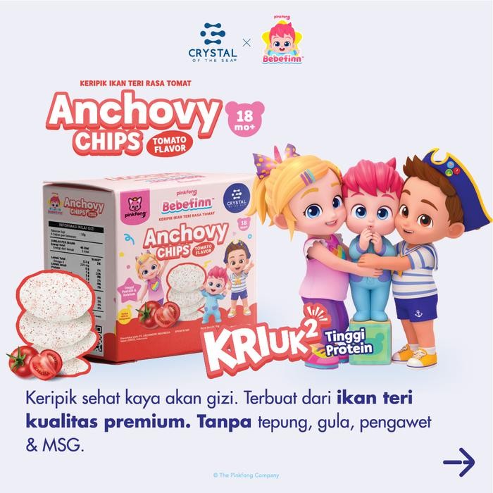 

PINKFONG BEBEFINN ANCHOVY CHIPS TOMATO / KERIPIK IKAN TERI RASA TOMATO - CRYSTAL OF THE SEA MAKANAN