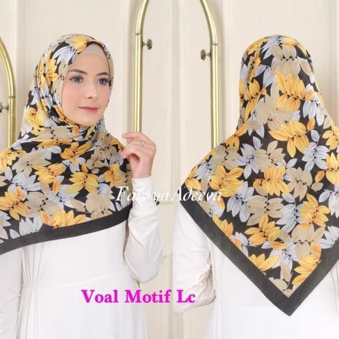 HIJAB SEGI EMPAT VOAL MOTIF BUNGA KUNING HITAM KERUDUNG JILBAB