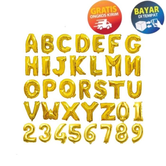 

KP190 - BALON FOIL BALON ULANG TAHUN HURUF ANGKA ABJAD ALPHABET GOLD 16 INCH HURUF A-Z ANGKA 1-10