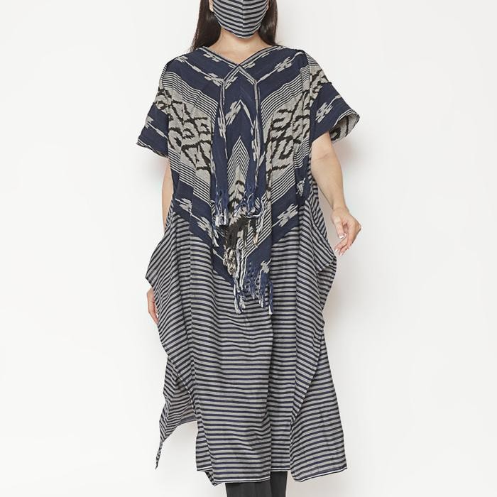 Batik Etniq Craft Jhoana Oversize Dress Tenun Lurik Set Masker-Navy