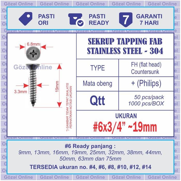 Pilihan- Sekrup Stainless Fab No. 6 X19Mm - St 3.5 X 3/4" - Tapping - 50Pcs