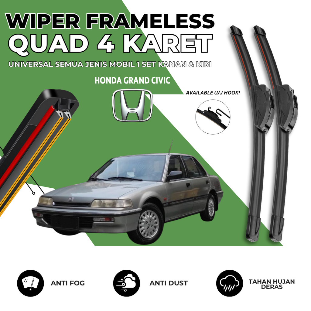 Wiper 4 Karet Mobil Honda Grand Civic Kaca Depan Satu Set Kiri Kanan
