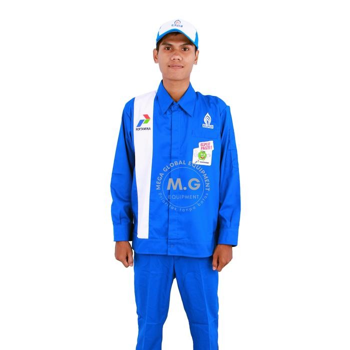 Seragam Kerja Spbu Pertamina SPBE ELPIJI Lengan Panjang Biru Baju Celana Pria