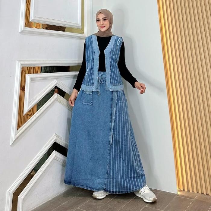Felixa One Set Jeans Rompi Salur Fashion Muslim Wanita Kekinian
