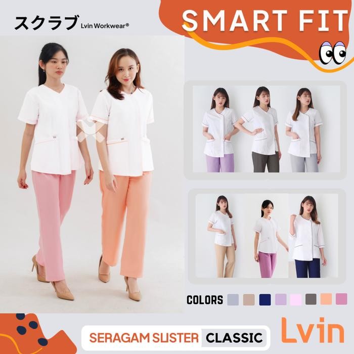 Baju Seragam Suster Lvin New Classic Putih / Seragam Suster Lengan Pendek / Seragam Klinik Oka /