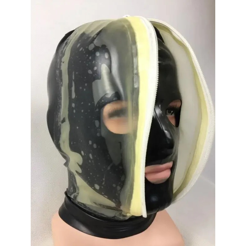 Latex Hood Rubber Transparent Black Double Layer Fetish Zip Headgear 0.4Mm Halloween