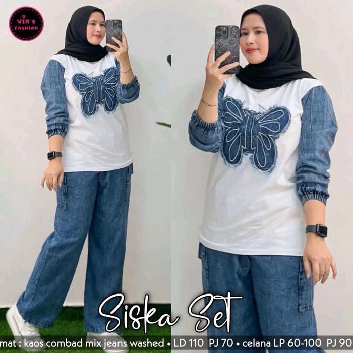 Siska Set Setelan Wanita Kaos Combed Premium Bordir Ld 110-120Cm Mix Celana Jeans Cargo Lp 110Cm Pj