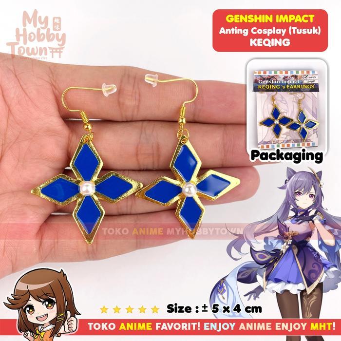 Anting Cosplay Keqing Anime Game Genshin Impact Tusuk Pierce Jepit Clip Klip On Earrings