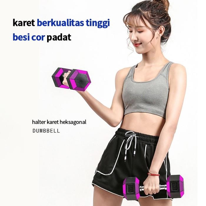 DUMBBELL KARET 10KG/COCOK UNTUK PRIA DAN WANITA/PERALATAN FITNESS RUMAH/DUMBBELL KARET HEXAGON