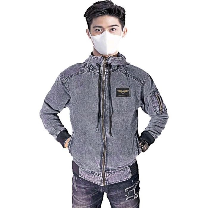 Pilihan- Jaket Jeans Motif Bomber Kupluk Terbaru Lengan Rip Karetan Pria Casual Keren Tebal