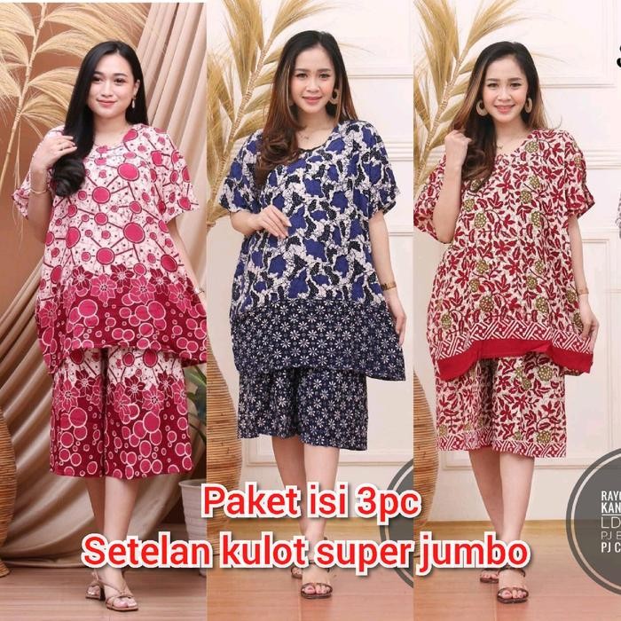 Pilihan- Paket Isi 3Pc, Setelan Kulot Super Jumbo Ld 140Cm Celana Wanita Rayon Baju Pendek