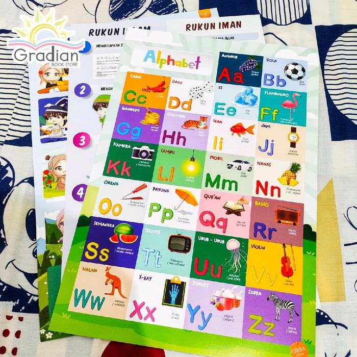 

New Poster Edukasi Anak Balita PAUD TK SD /Hijaiyah Huruf ABC Angka Hewan Berhitung Penjumlahan