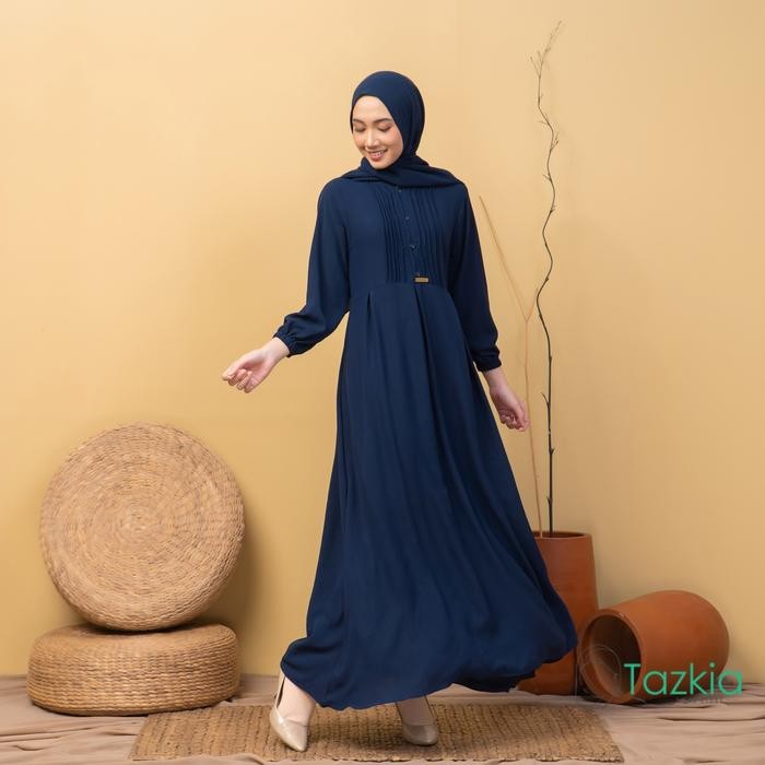Pilihan- Dress Muslim Wanita Gamis Set Pashmina Azalia Navy Polos Crinkle