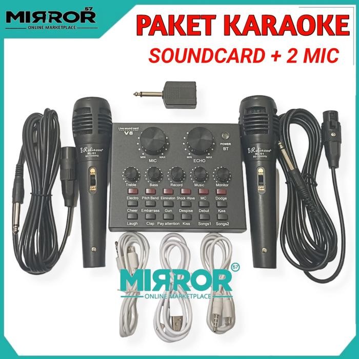 Ready Satu Paket Alat Karaoke Mixer Mini Soundcard V8 & 2 Mic Gratis Spliter