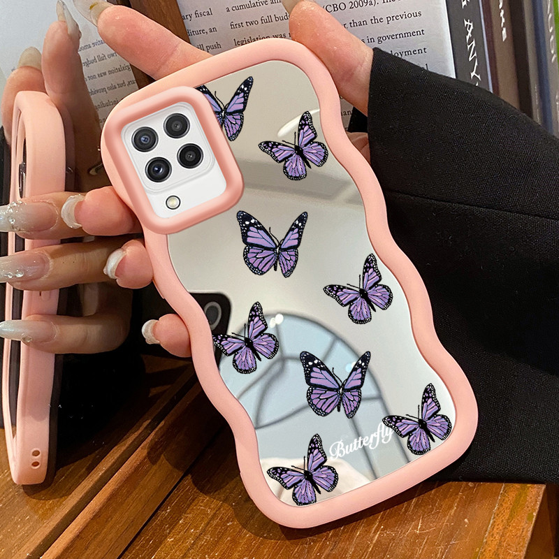 Casing Untuk Samsung A22 M22 M32 Case Casing Kupu-kupu biru Pola HP Cesing Macaron Kasing Mirror Sil