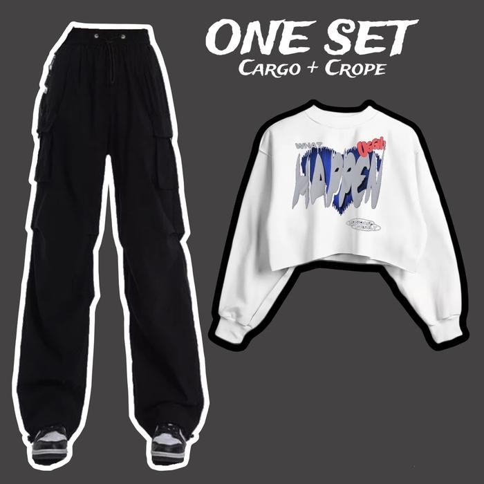 080j- One Set Sweater Croptop Dan Celana Kargo Kekinian Motif Whathappen Bahan Fleece Atasan