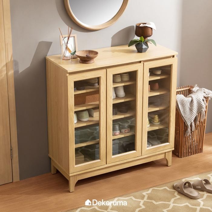 Dekoruma Nara Lemari Sepatu Kayu Olahan Rak 5 Susun Minimalis - Shoe Cabinet 3 Pintu Kaca Pasti
