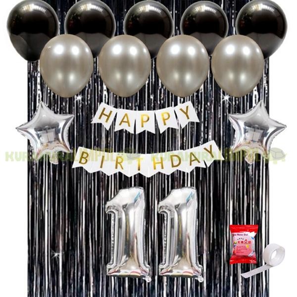 Paket Set Dekorasi Ulang Tahun Tirai Foil Hitam Happy Birthday Set Promo 