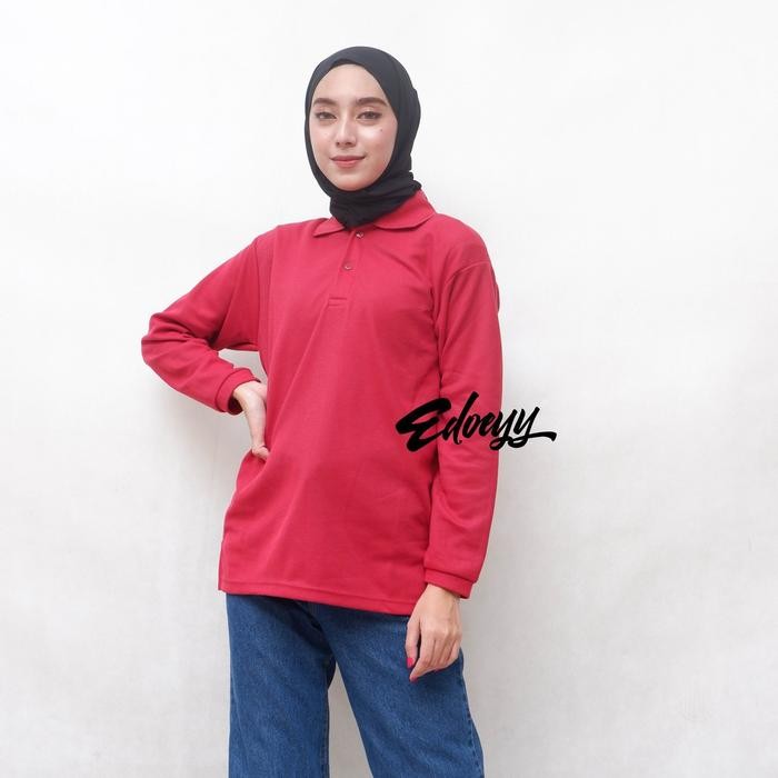 KAOS POLO SHIRT WANITA LENGAN PANJANG MERAH MAROON - BAJU KERAH BERKERAH CEWEK LENGAN PANJANG