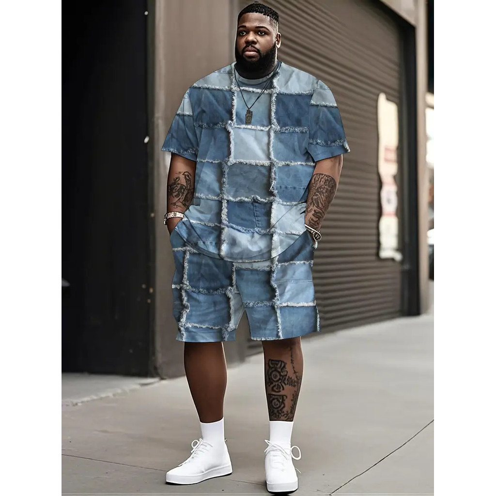 Denim Graphic T-Shirt And Shorts 2-Piece Set 2025 Plus Size Men'S Clothing Casual Loose Drawstring