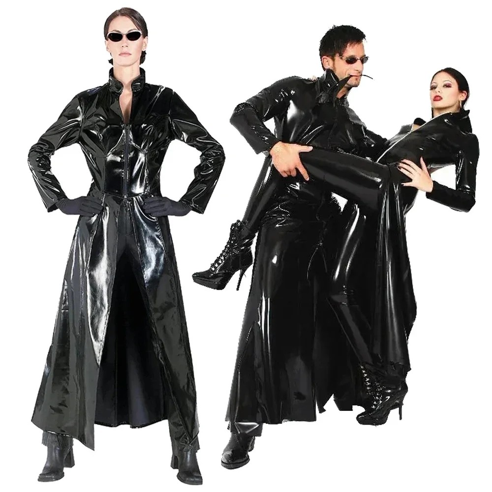 Halloween Party Cosplay The Matrix Costumes Gothic Uni Shiny Pvc Catsuit Latex Leather Long Coat