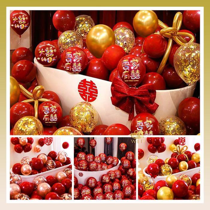 WED Balon Shuang Xi Wedding 1 Set / Balon Latex Pernikahan Shuang Xi / Balon Merah Gold Wedding