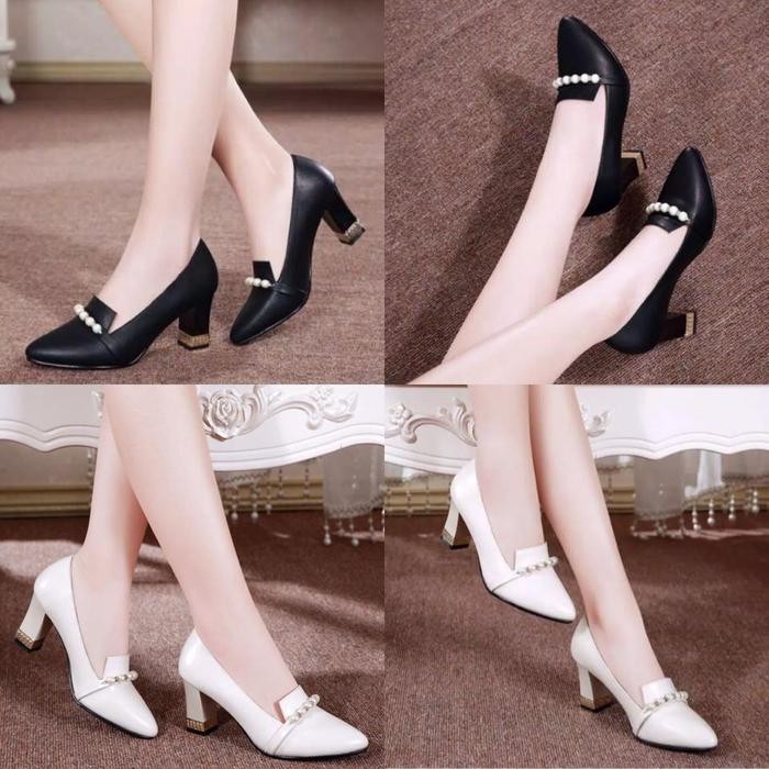 Adorableprojects- Sepatu Pantofel Wanita Mutiara Tm13 Hitam Putih Hak Tinggi High Heels 5Cm Sepatu