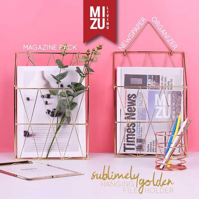 

MIZU SUBLIMELY GOLDEN HANGING FILE HOLDER MAGAZINE NEWSPAPER RACK BOX FILE A4 DESKTOP ORGANIZER RAK