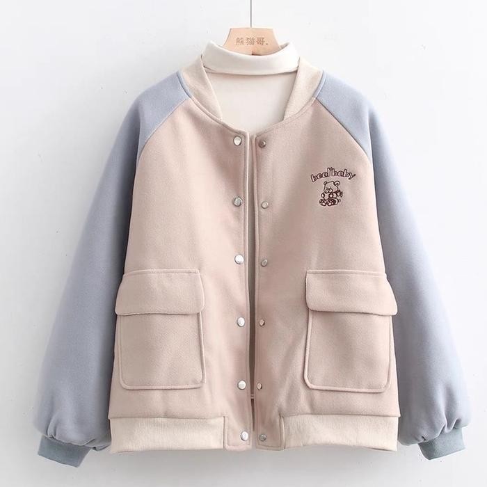 ASLI JAKET WANITA - BABY BEAR JAKET BASEBALL OVERSIZE - VARSITY JAKET WANITA KOREA READY STOCK