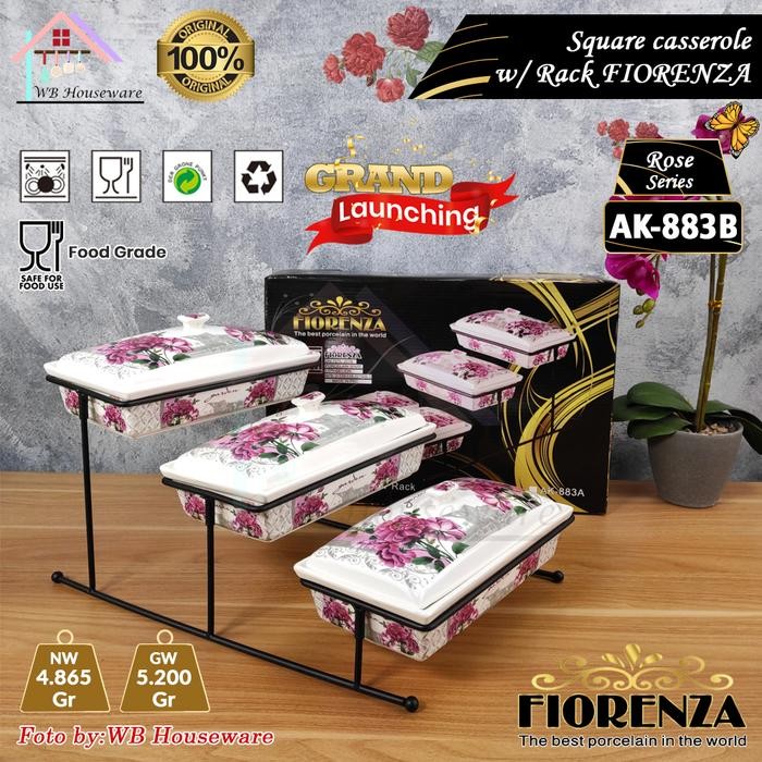 FIORENZA wadah Prasmanan segi bertingkat motif rose porselen / square casserole with rack ceramic