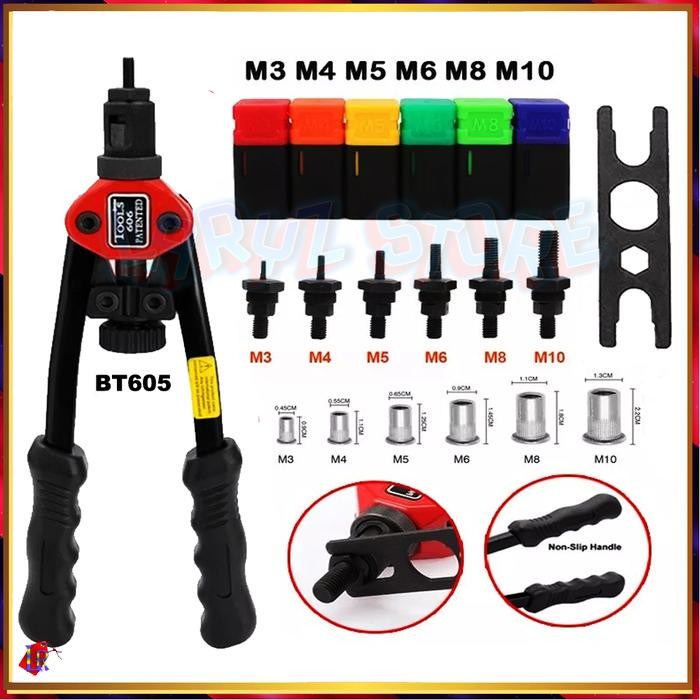 Tang Rivet Paku Mur Tanam M3 M4 M5 M6 M8 dan M10 Nut Ripet Tembak Hand Riveters with Nuts 60 Pcs