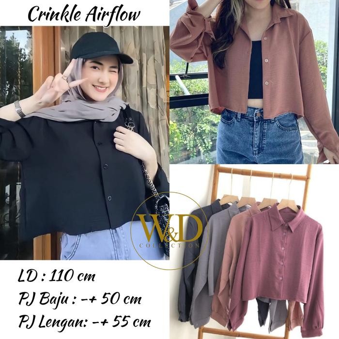9qli- New Hanin Crop Kemeja Polos Crop Crinkle Atasan Blouse Airflow Wanita Hitam Putih Baju