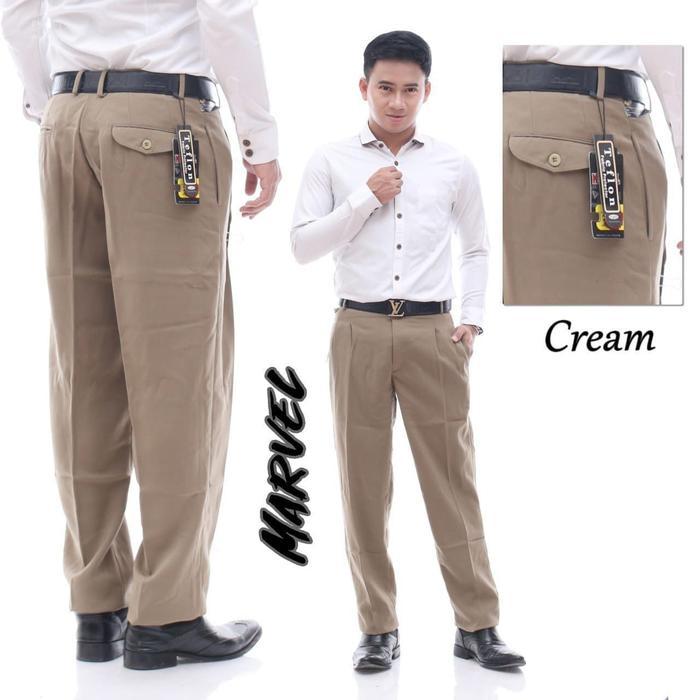 Celana Kerja Kantor Pria Standard Formal Reguler Bahan Kain Teflon Tebal Panjang Cream Hitam Nyaman