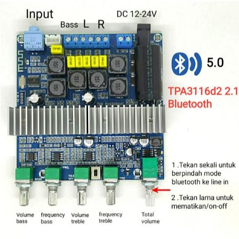 Digital kit amplifier class d tpa3116d2 2.1 bluetooth 2x50w 100w sub