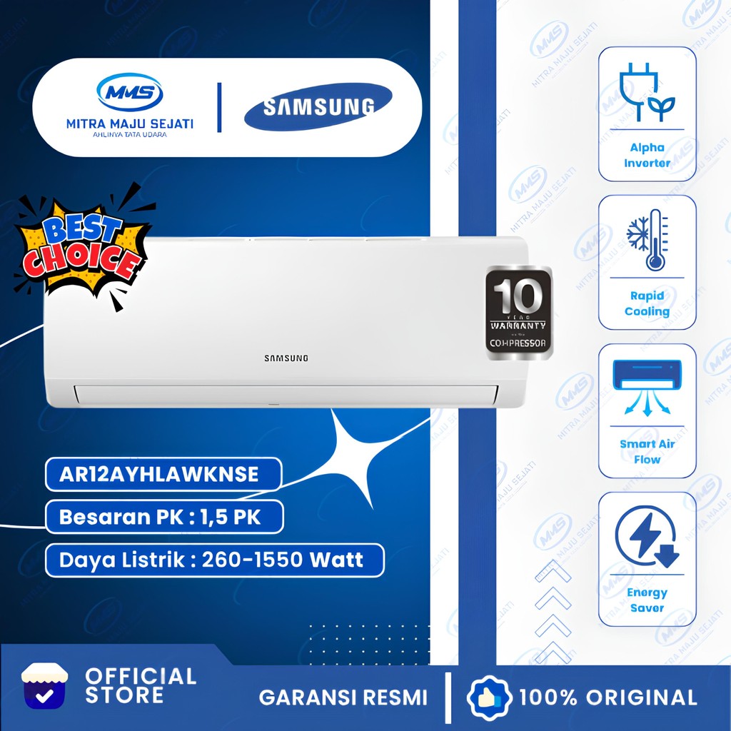 AC Samsung 1,5 PK Alpha Inverter AR12AYHLAWKNSE - Hemat Listrik 1320W, Cepat Dingin & Smart Air Flow