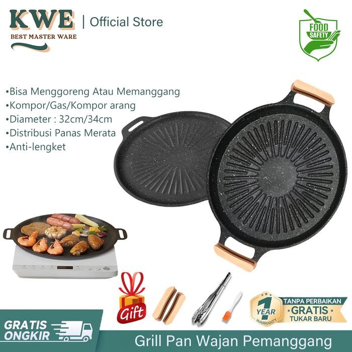 Kwe [ 34Cm Korean Wajan Original Bbq ] Korea Panggangan Bbq Grill Pan Baja Karbon Menebal + Lapisan