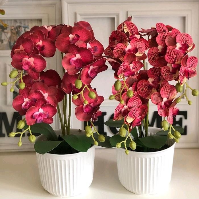 BUNGA ANGGREK CABANG 4 VAS GARIS / BUNGA PALSU / BUNGA HIAS / BUNGA DEKORASI