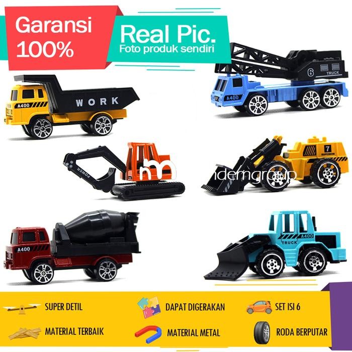 Diecast Miniatur Mainan Mobil Set Konstruksi Besi Metal Excavator Crane Isi 6
