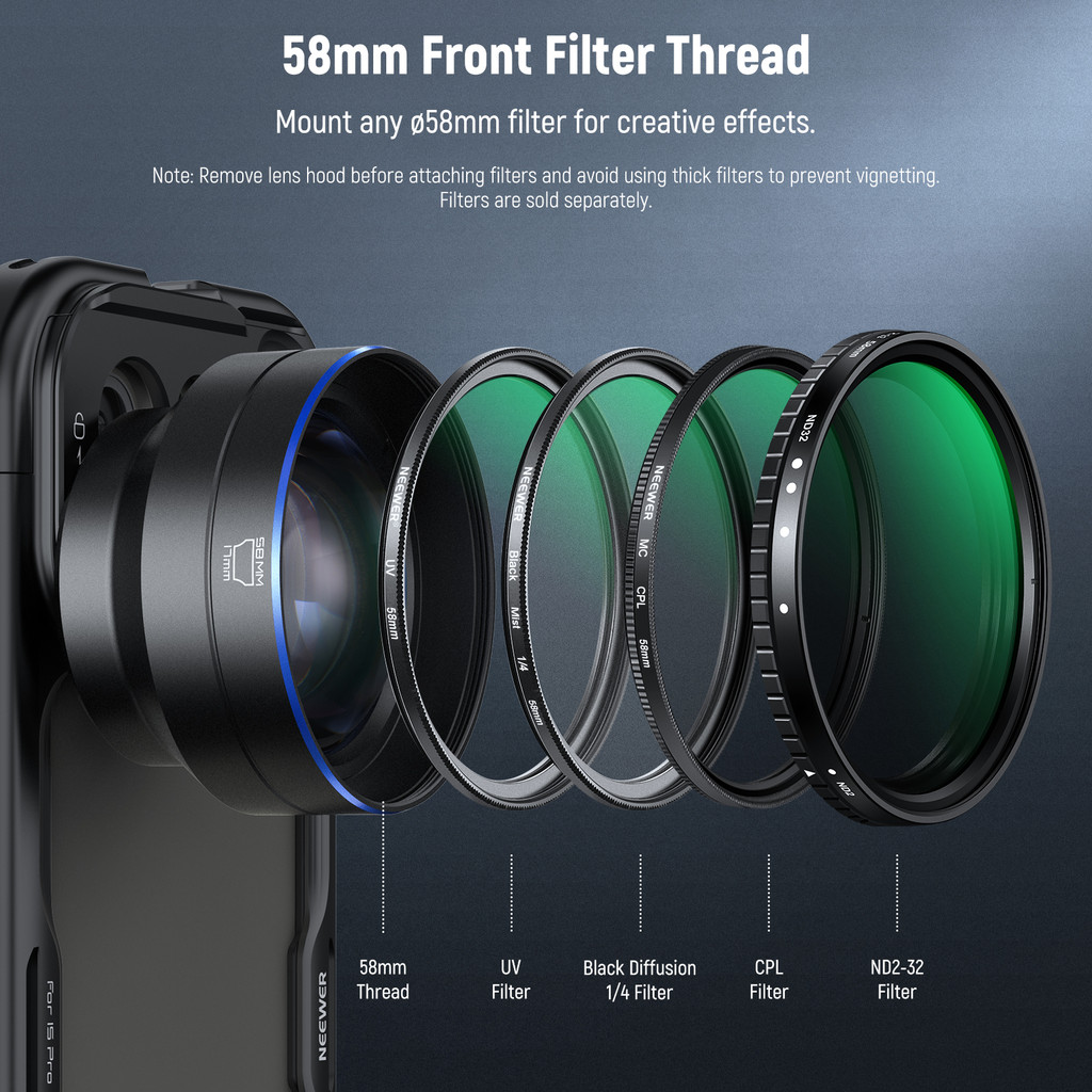 NEEWER HD 65mm Telephoto Phone Camera Lens with Lens Hood for Phone Cage Case, 1.7X Zoom Lens For