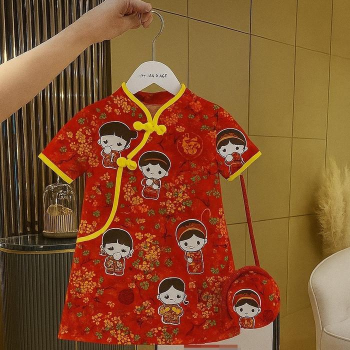 Promo Cheongsam Baju Cina Dress Anak Perempuan Model Lurus Cantik Motif - Fashion