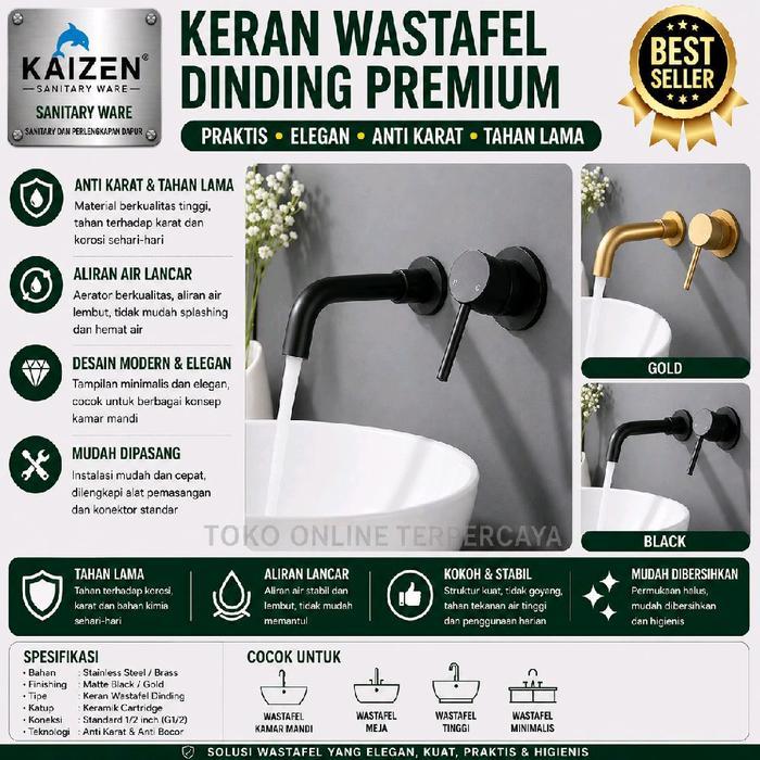 kran wastafel tanam panas dingin /kran wastafel tembok gold