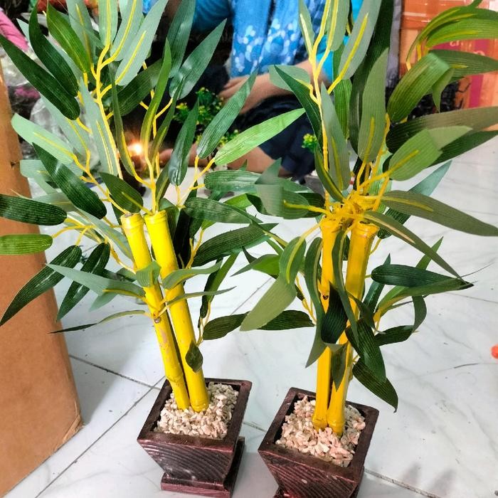 Bambu hias artificial 40cm / bambu kuning tiruan / bambu plastik lengkap vas batu