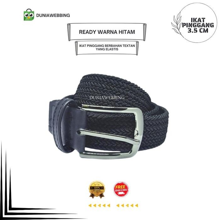 ikat pinggang gesper pria wanita karet textan lebar 3.5 cm - hitam